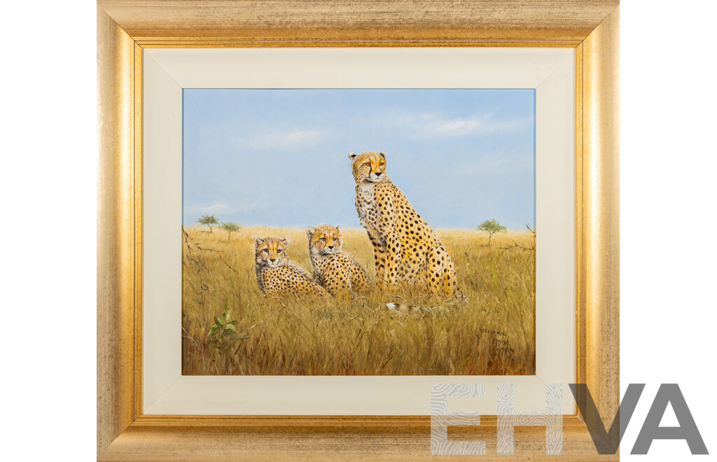 Josephine Anne Smith, (20th Century, British-Born Australian), Cheetah Family, Wonderful Original Oil on Canvas Board, 69 x 80 cm (frame)