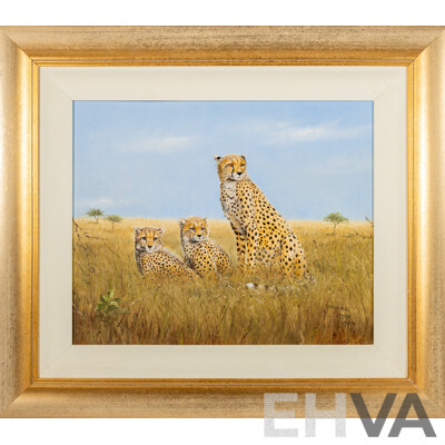 Josephine Anne Smith, (20th Century, British-Born Australian), Cheetah Family, Wonderful Original Oil on Canvas Board, 69 x 80 cm (frame)