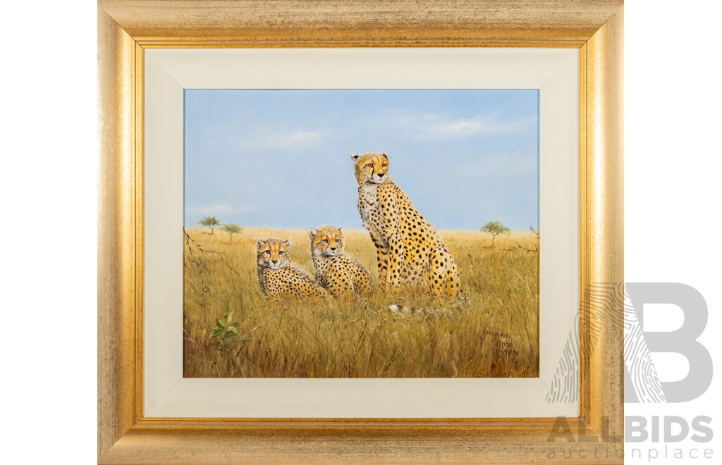 Josephine Anne Smith, (20th Century, British-Born Australian), Cheetah Family, Wonderful Original Oil on Canvas Board, 69 x 80 cm (frame)