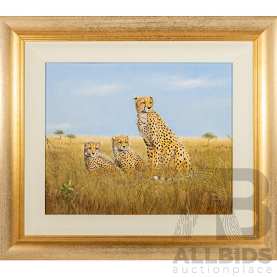 Josephine Anne Smith, (20th Century, British-Born Australian), Cheetah Family, Wonderful Original Oil on Canvas Board, 69 x 80 cm (frame)