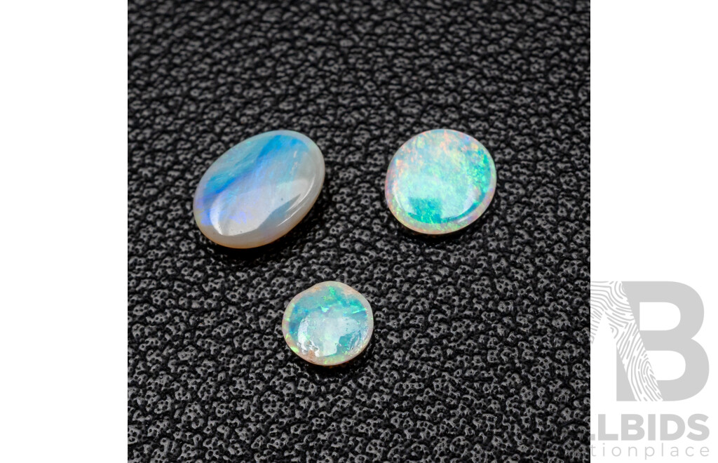 Australian Opal (3) Small Solid Cabochons, Oval & Round, Total 1.45ct