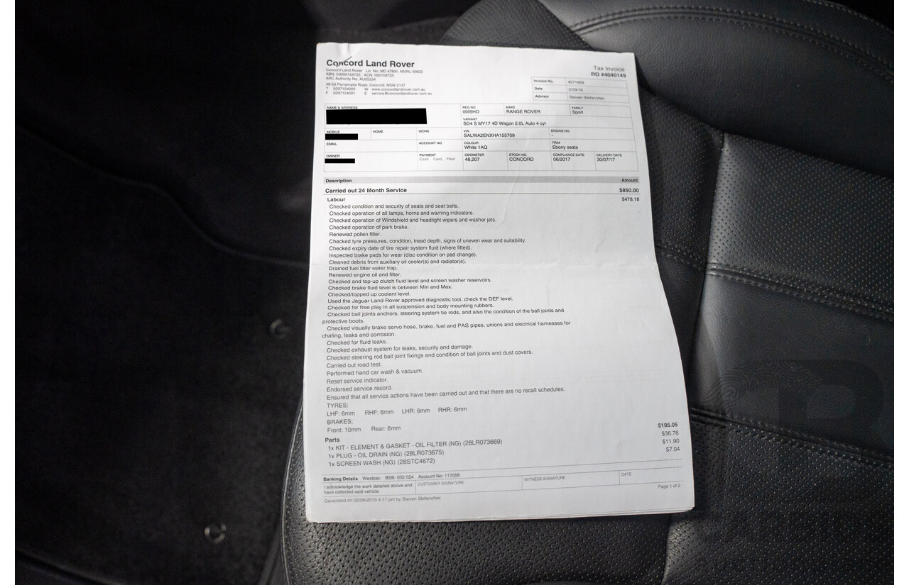 07/2017 Land Rover Range Rover Sport SD4 S (AWD) LW MY17 4D Wagon Glacier White Turbo Diesel 2.0L