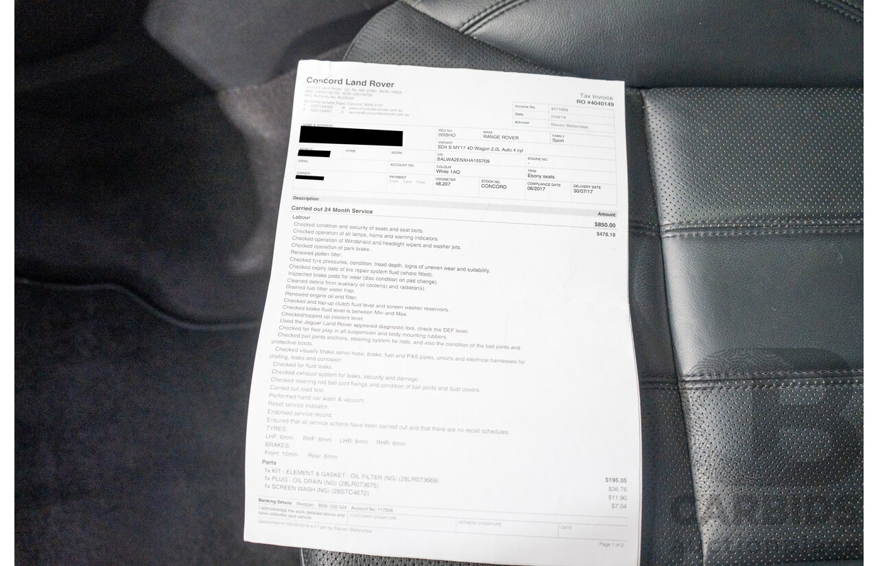 07/2017 Land Rover Range Rover Sport SD4 S (AWD) LW MY17 4D Wagon Glacier White Turbo Diesel 2.0L