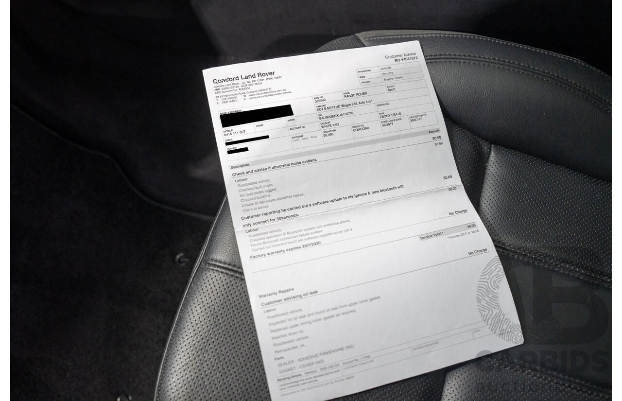 07/2017 Land Rover Range Rover Sport SD4 S (AWD) LW MY17 4D Wagon Glacier White Turbo Diesel 2.0L