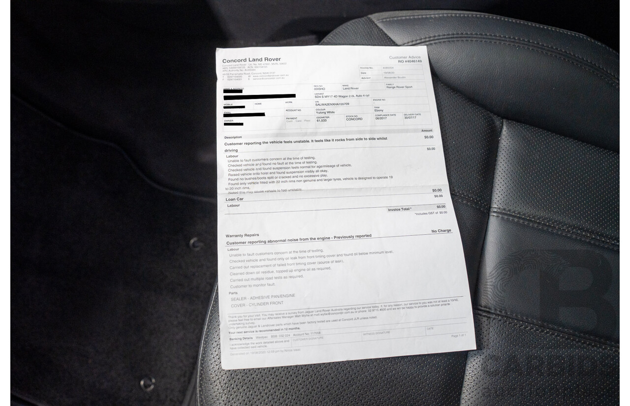 07/2017 Land Rover Range Rover Sport SD4 S (AWD) LW MY17 4D Wagon Glacier White Turbo Diesel 2.0L