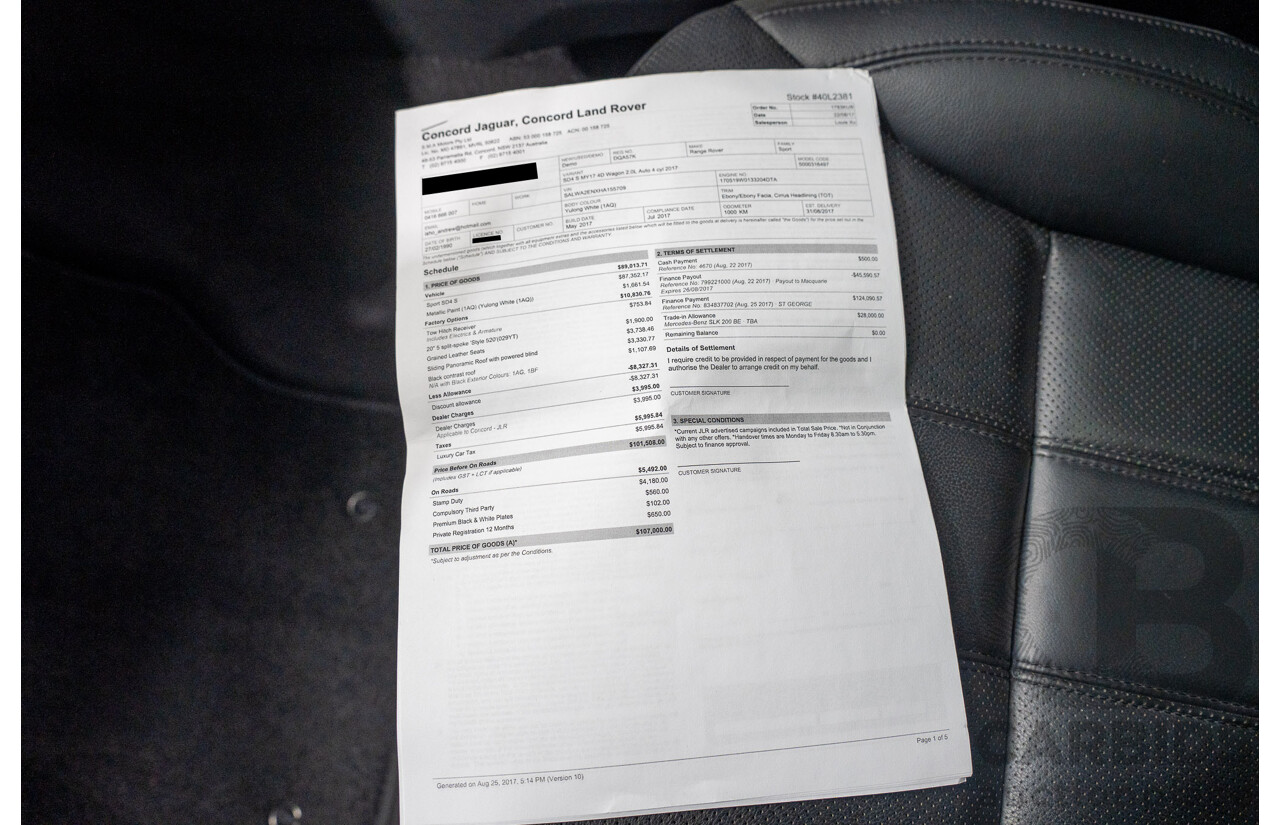 07/2017 Land Rover Range Rover Sport SD4 S (AWD) LW MY17 4D Wagon Glacier White Turbo Diesel 2.0L