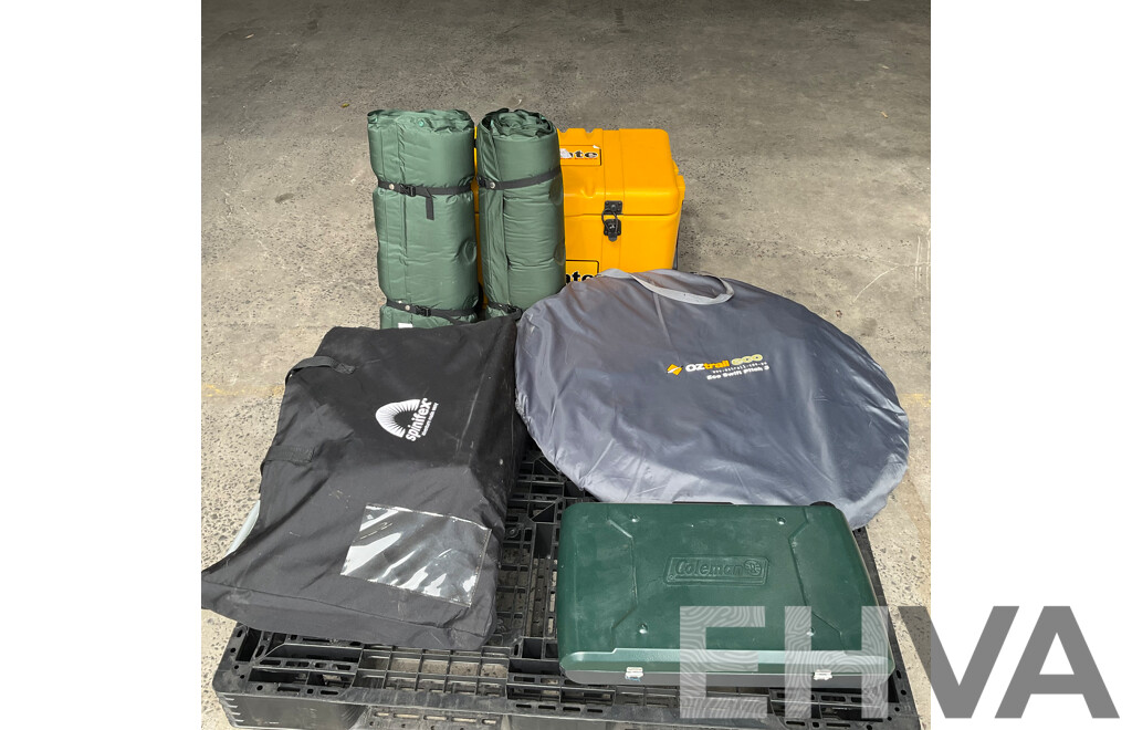 Assorted Camping Equipment - ICE MATE Ice Box, Coleman Portable Grill Stove, Airbed, Spinifex Portable Table and More