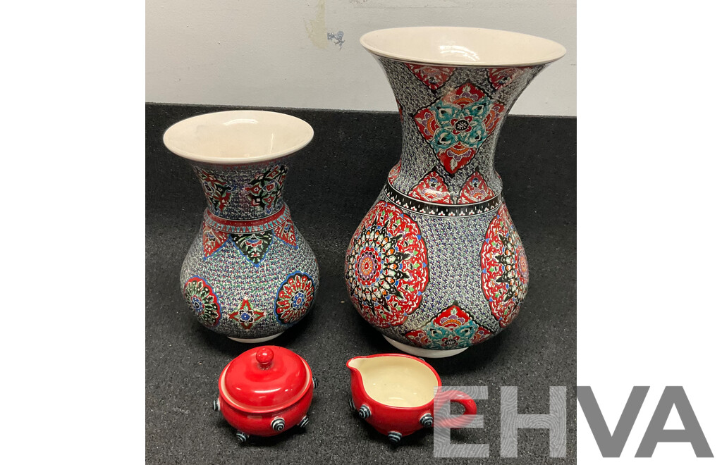 Two Turkish Ceramic Decorative Vases with Vibrant Geometric Patterns & Todd Michelle Sugar Bowl and Creamer