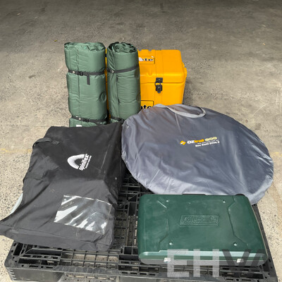 Assorted Camping Equipment - ICE MATE Ice Box, Coleman Portable Grill Stove, Airbed, Spinifex Portable Table and More