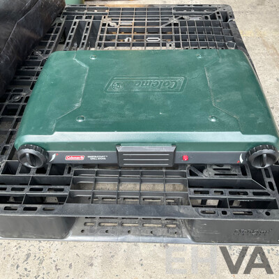 Assorted Camping Equipment - ICE MATE Ice Box, Coleman Portable Grill Stove, Airbed, Spinifex Portable Table and More