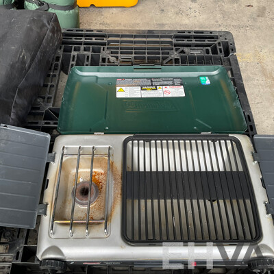 Assorted Camping Equipment - ICE MATE Ice Box, Coleman Portable Grill Stove, Airbed, Spinifex Portable Table and More