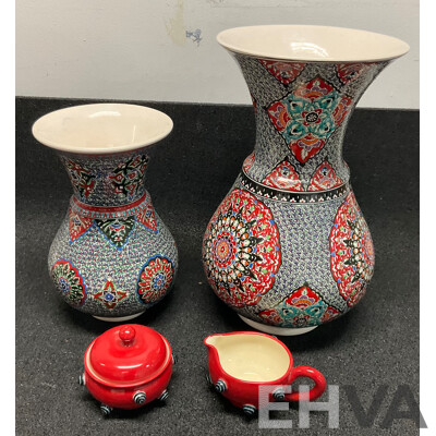 Two Turkish Ceramic Decorative Vases with Vibrant Geometric Patterns & Todd Michelle Sugar Bowl and Creamer