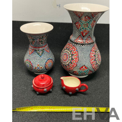 Two Turkish Ceramic Decorative Vases with Vibrant Geometric Patterns & Todd Michelle Sugar Bowl and Creamer