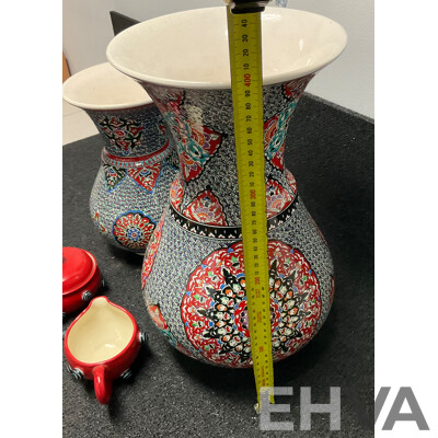 Two Turkish Ceramic Decorative Vases with Vibrant Geometric Patterns & Todd Michelle Sugar Bowl and Creamer