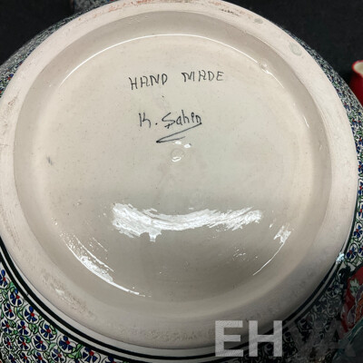 Two Turkish Ceramic Decorative Vases with Vibrant Geometric Patterns & Todd Michelle Sugar Bowl and Creamer