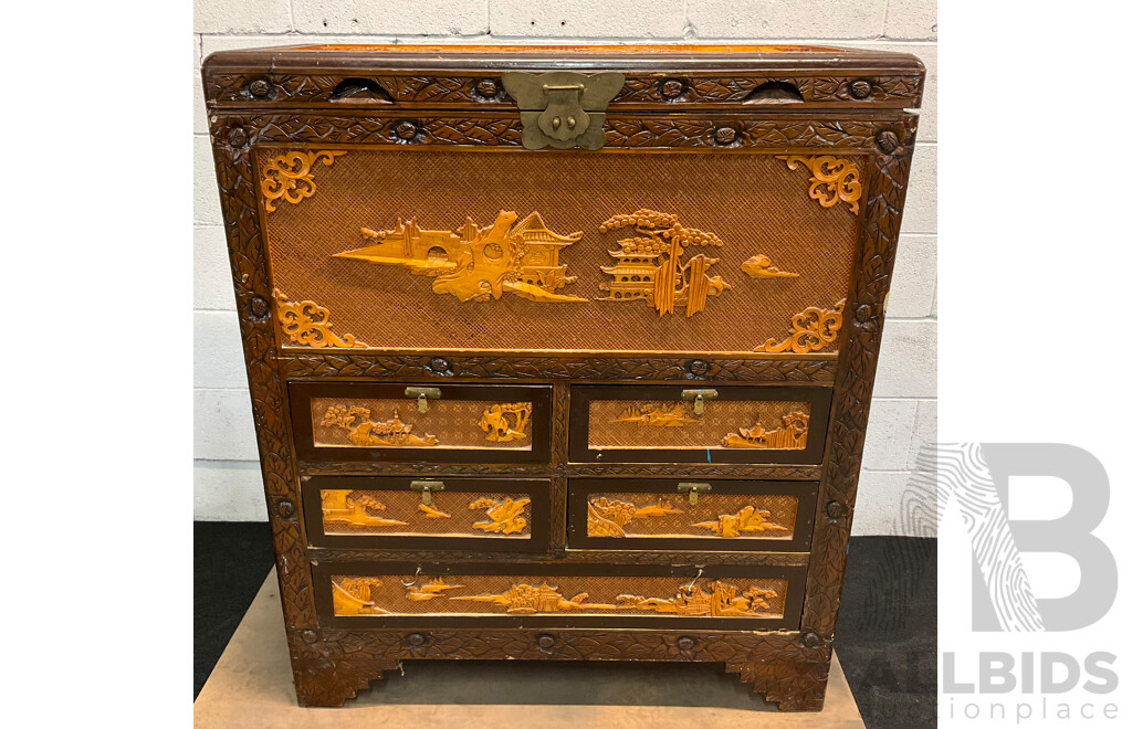 Vintage Chinese Carved Wood Chest Over Cabinet