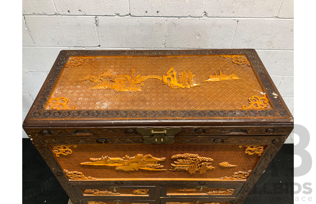 Vintage Chinese Carved Wood Chest Over Cabinet