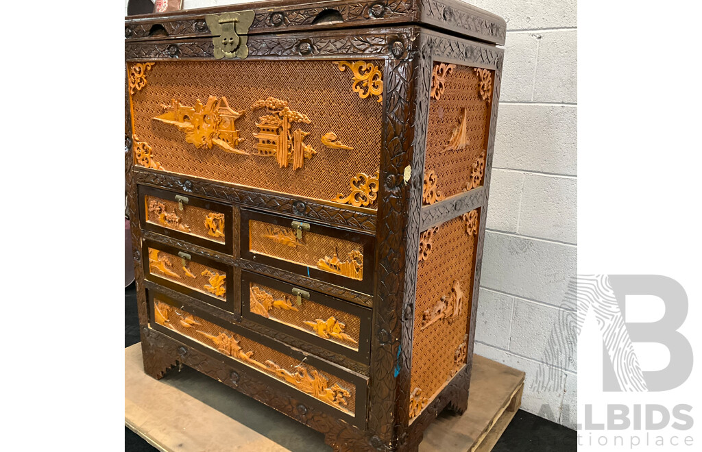 Vintage Chinese Carved Wood Chest Over Cabinet