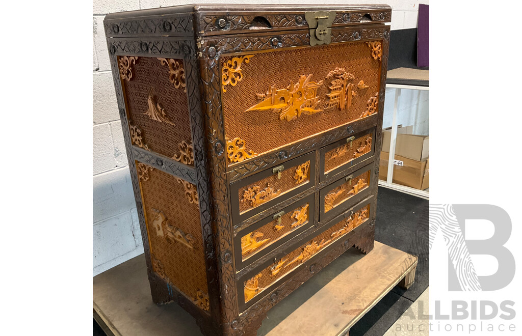 Vintage Chinese Carved Wood Chest Over Cabinet