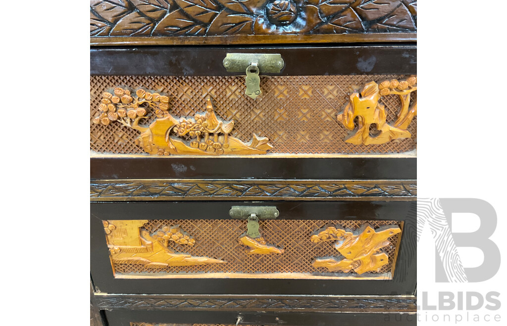 Vintage Chinese Carved Wood Chest Over Cabinet