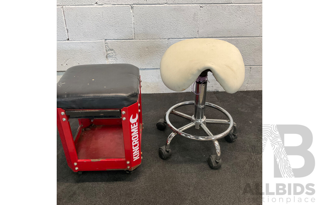White Saddle Chair with Foot Rest & Kincrome Workshop Creeper Seat with Drawer & Tools