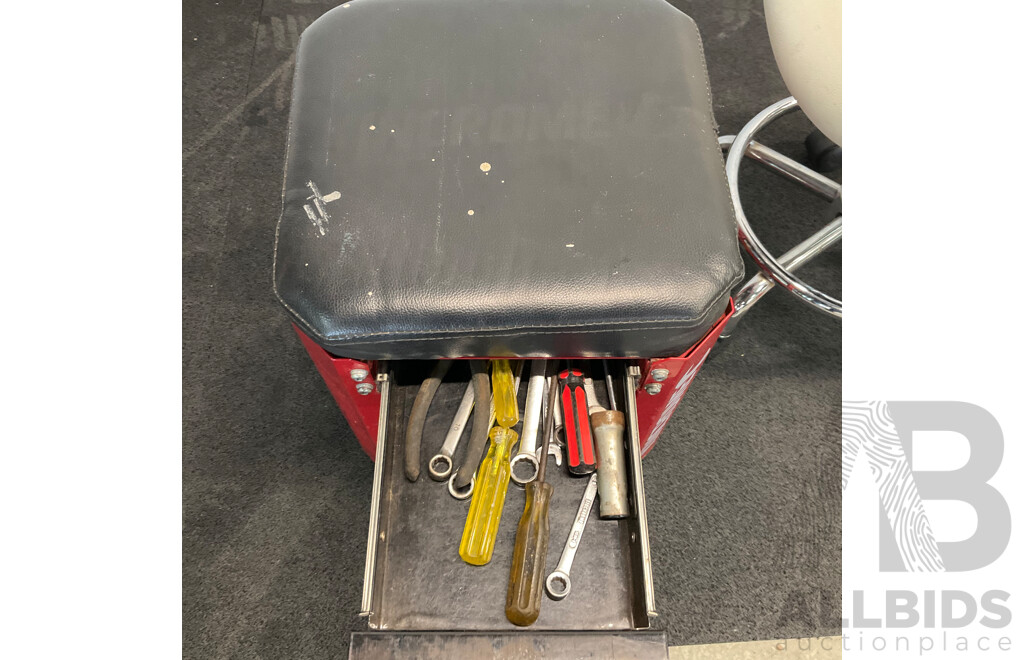 White Saddle Chair with Foot Rest & Kincrome Workshop Creeper Seat with Drawer & Tools