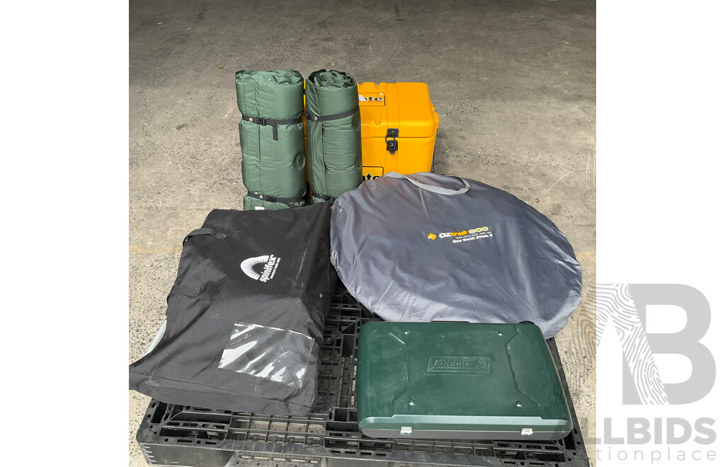 Assorted Camping Equipment - ICE MATE Ice Box, Coleman Portable Grill Stove, Airbed, Spinifex Portable Table and More