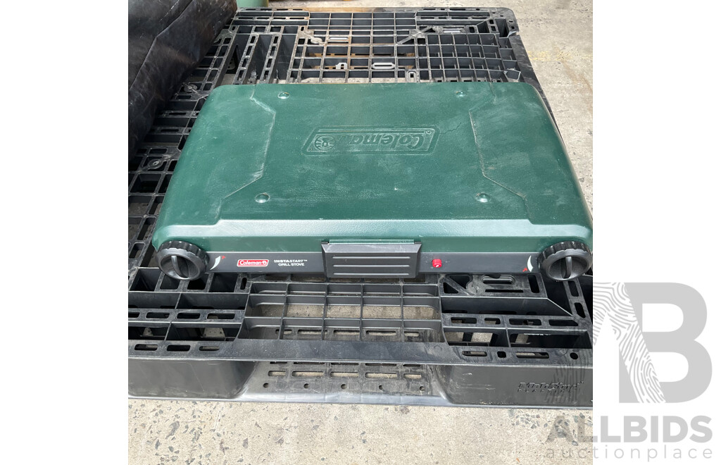 Assorted Camping Equipment - ICE MATE Ice Box, Coleman Portable Grill Stove, Airbed, Spinifex Portable Table and More