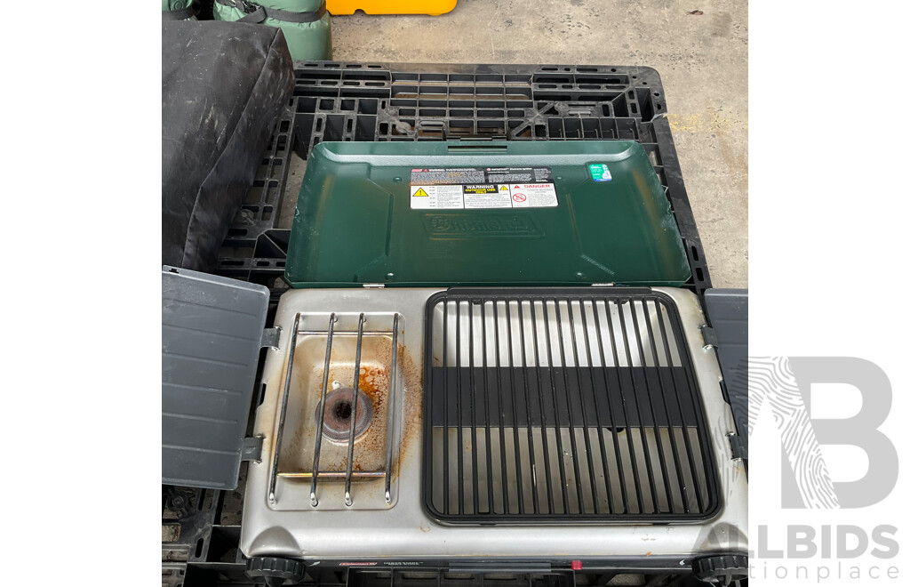 Assorted Camping Equipment - ICE MATE Ice Box, Coleman Portable Grill Stove, Airbed, Spinifex Portable Table and More