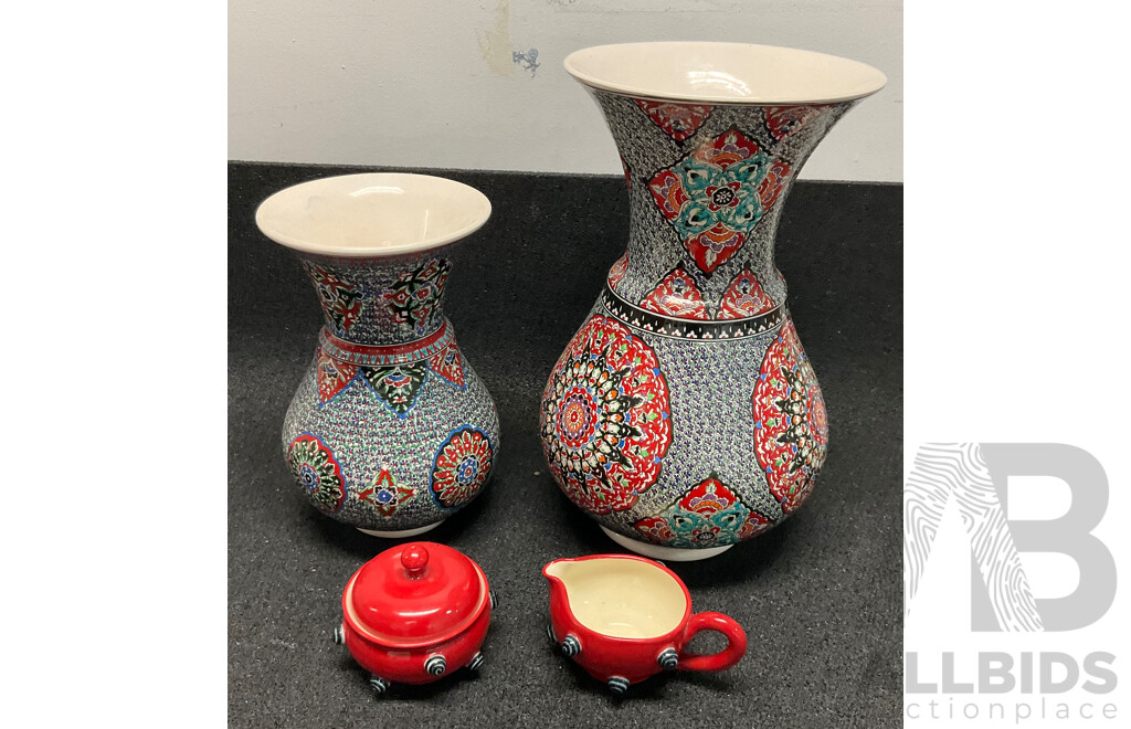 Two Turkish Ceramic Decorative Vases with Vibrant Geometric Patterns & Todd Michelle Sugar Bowl and Creamer
