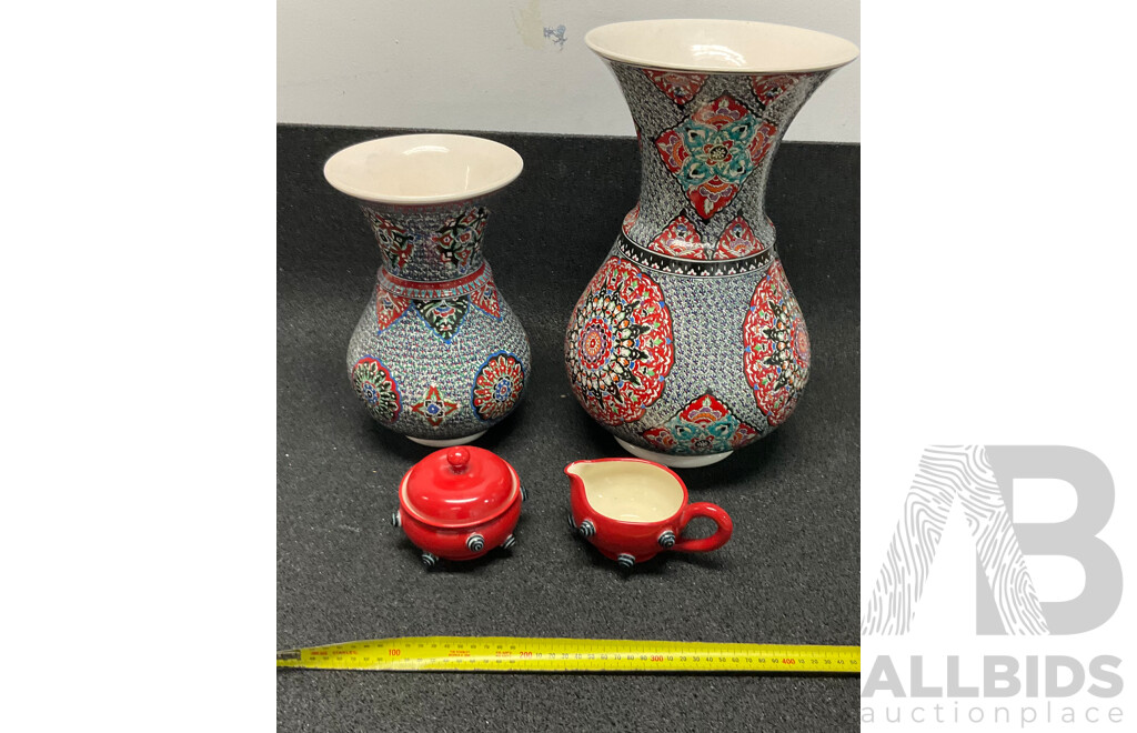 Two Turkish Ceramic Decorative Vases with Vibrant Geometric Patterns & Todd Michelle Sugar Bowl and Creamer