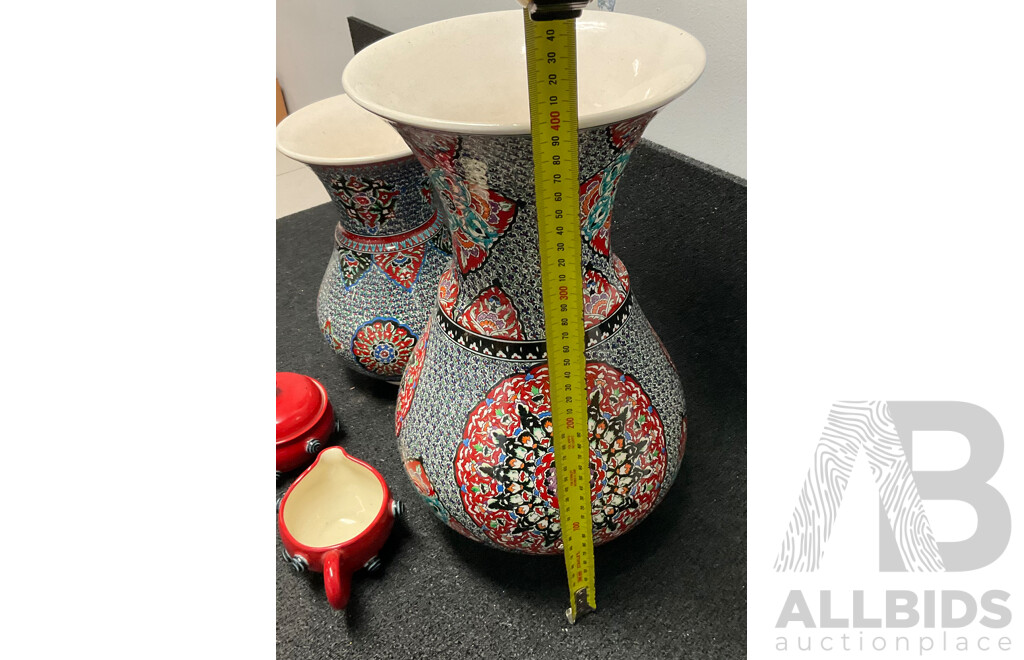 Two Turkish Ceramic Decorative Vases with Vibrant Geometric Patterns & Todd Michelle Sugar Bowl and Creamer