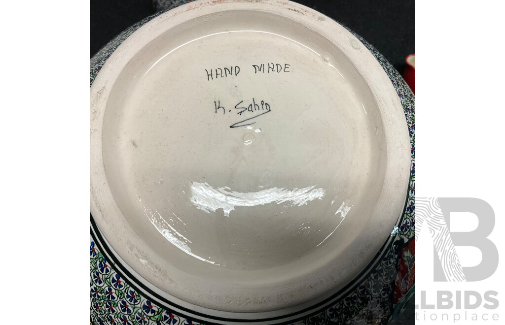 Two Turkish Ceramic Decorative Vases with Vibrant Geometric Patterns & Todd Michelle Sugar Bowl and Creamer