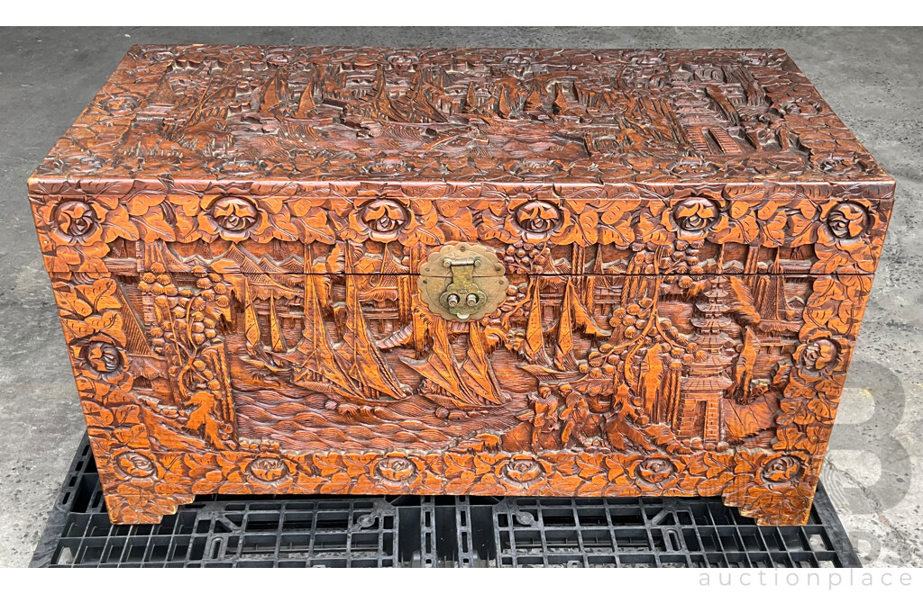 Chinese Carved Camphor Wood Chest