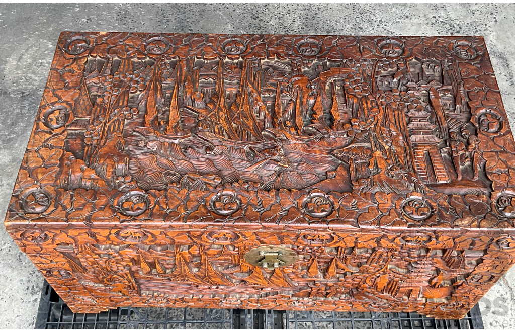 Chinese Carved Camphor Wood Chest
