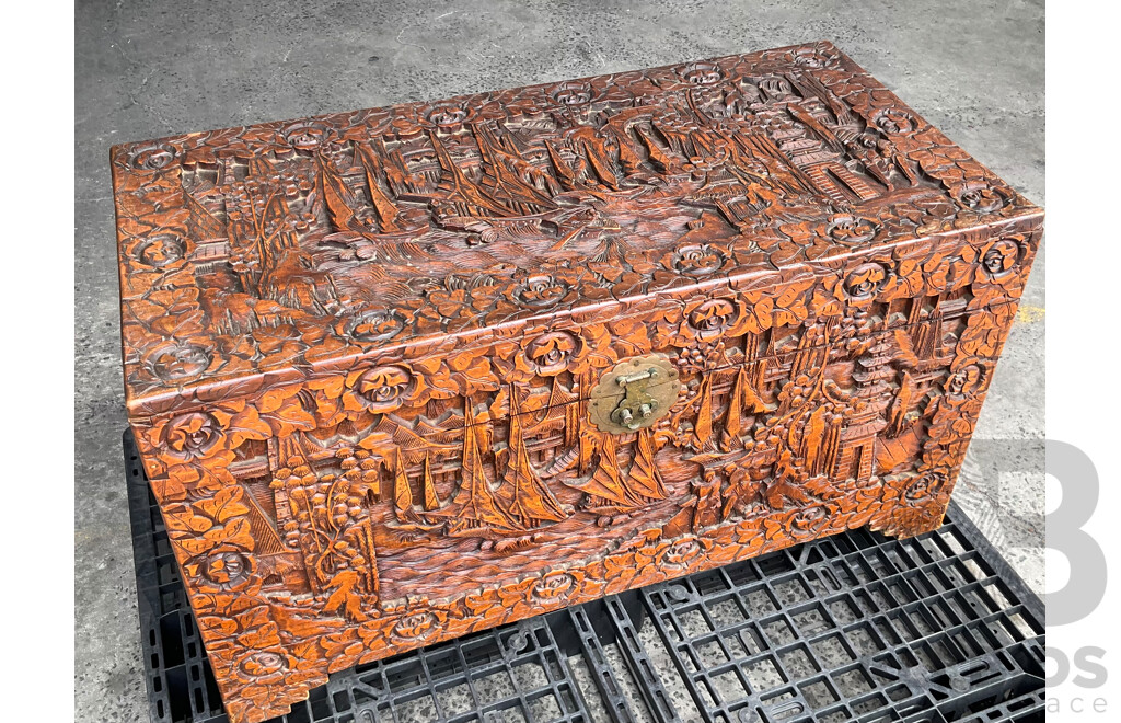 Chinese Carved Camphor Wood Chest