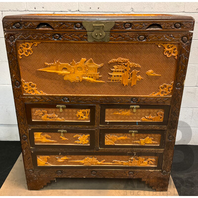 Vintage Chinese Carved Wood Chest Over Cabinet