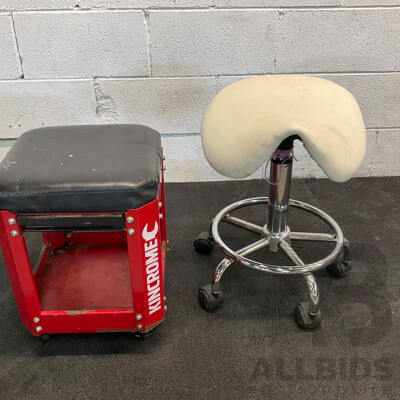 White Saddle Chair with Foot Rest & Kincrome Workshop Creeper Seat with Drawer & Tools