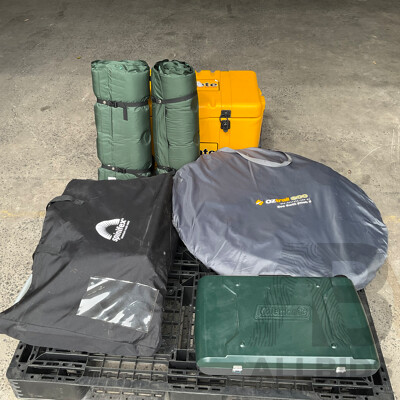 Assorted Camping Equipment - ICE MATE Ice Box, Coleman Portable Grill Stove, Airbed, Spinifex Portable Table and More