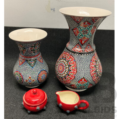 Two Turkish Ceramic Decorative Vases with Vibrant Geometric Patterns & Todd Michelle Sugar Bowl and Creamer