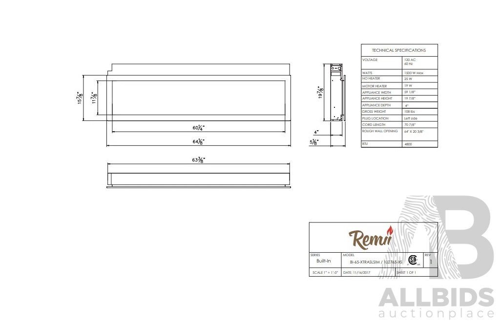 Remii Extra Slim 65-Inch Indoor Built-in Electric Fireplace.(102765-XS)