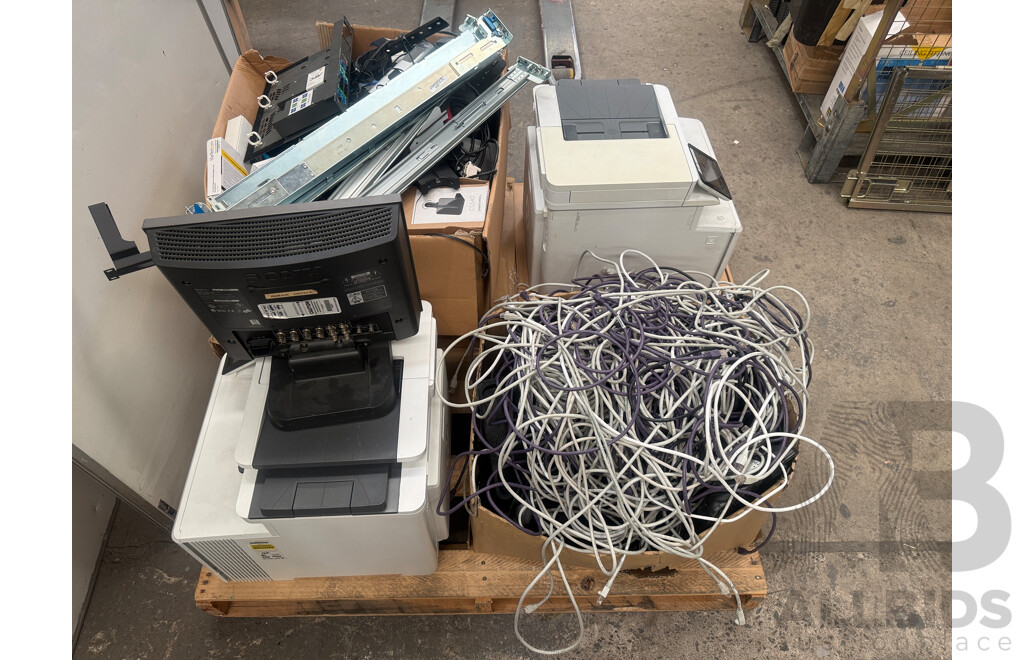 Pallet of Assorted - Used Printers + Desktop Phones + Data Cable