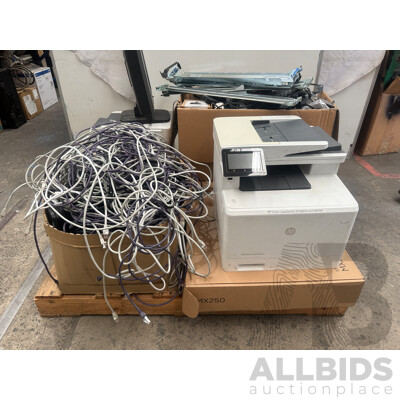 Pallet of Assorted - Used Printers + Desktop Phones + Data Cable