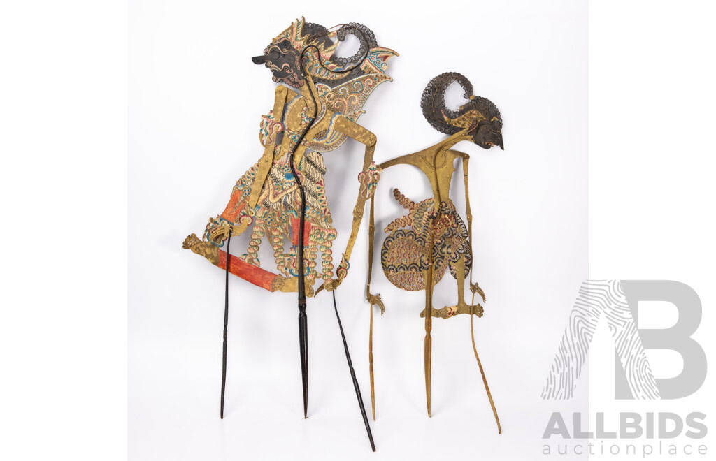 Pair of Wonderful Vintage Indonesian Wayang Kulit Shadow Puppets, Hand Constructed and Painted Leather & Natural Dry Pigments with Ancur & Gold Leaf & Buffalo Horn, 75 x 30 cm (largest) (2)