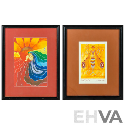 Janet Stahle-Fraser, (20th Century, Canadian), Lady Dragonfly, Handmade Card, 27 x 22 cm (frame) & Artist Unknown, (20th Century), Sunflower Rainbow, Original Mixed Media, 36 x 28 cm (frame) (2)