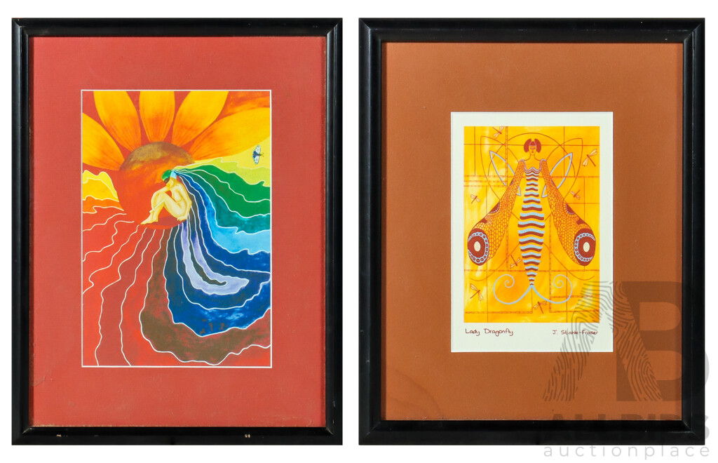 Janet Stahle-Fraser, (20th Century, Canadian), Lady Dragonfly, Handmade Card, 27 x 22 cm (frame) & Artist Unknown, (20th Century), Sunflower Rainbow, Original Mixed Media, 36 x 28 cm (frame) (2)