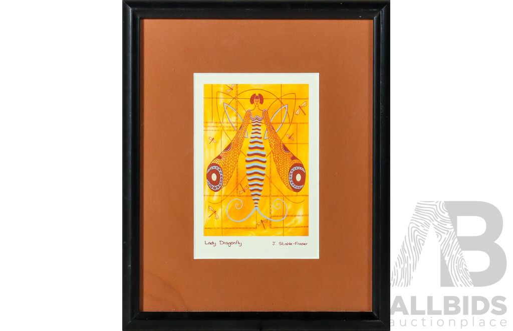 Janet Stahle-Fraser, (20th Century, Canadian), Lady Dragonfly, Handmade Card, 27 x 22 cm (frame) & Artist Unknown, (20th Century), Sunflower Rainbow, Original Mixed Media, 36 x 28 cm (frame) (2)