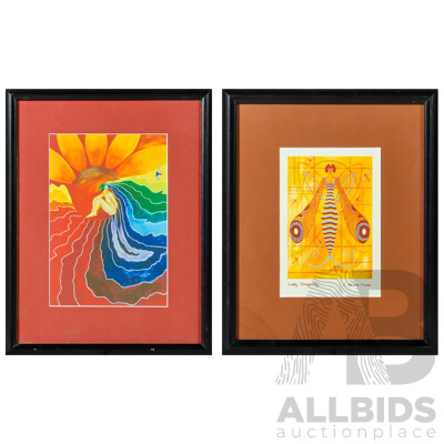 Janet Stahle-Fraser, (20th Century, Canadian), Lady Dragonfly, Handmade Card, 27 x 22 cm (frame) & Artist Unknown, (20th Century), Sunflower Rainbow, Original Mixed Media, 36 x 28 cm (frame) (2)