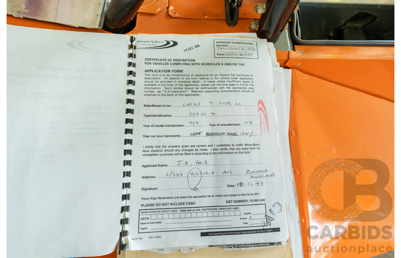 01/1978 Lotus Seven Mk4 (Steel Brothers New Zealand) 2d Roadster Red 1.6L - CAMS Logbooked