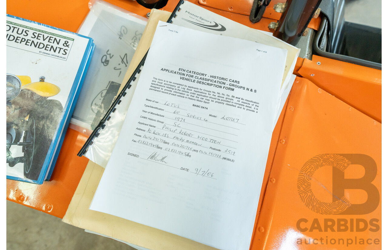 01/1978 Lotus Seven Mk4 (Steel Brothers New Zealand) 2d Roadster Red 1.6L - CAMS Logbooked